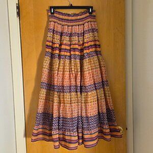 Angie Tiered Maxi Skirt Size M Orange Purple Print Boho Festival Hippie Peasant